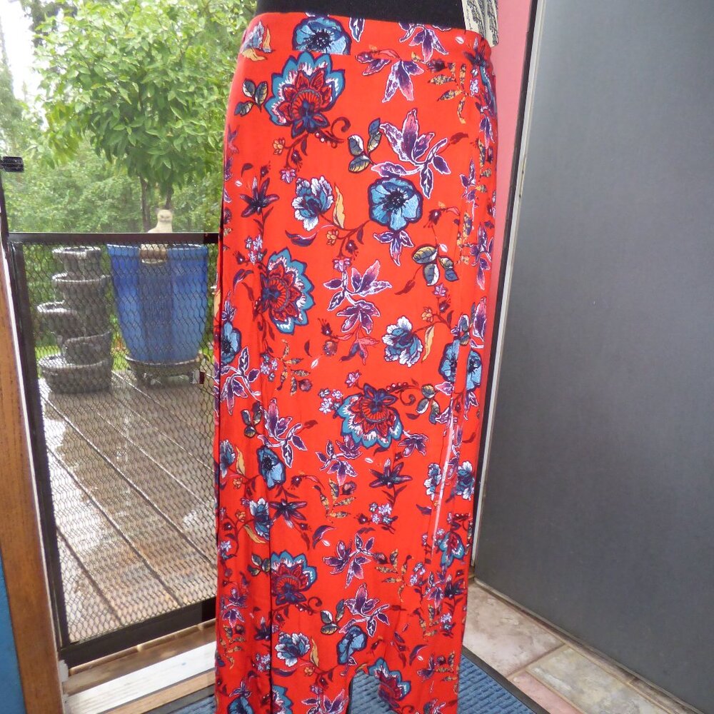 EYESHADOW GOTH BOHO TRUE RED FLORAL SPLIT OPEN FRONT MAXI SKIRT A LINE XL NWOT